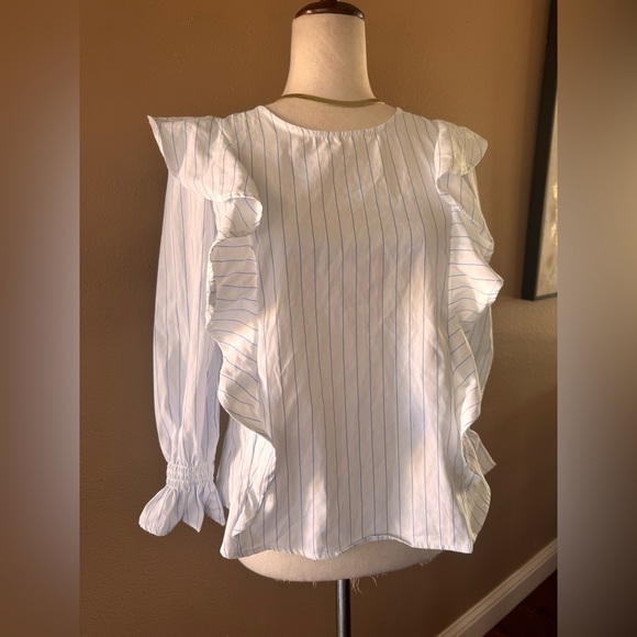 White Ruffled Striper Women's Top - Picture 3 of 7